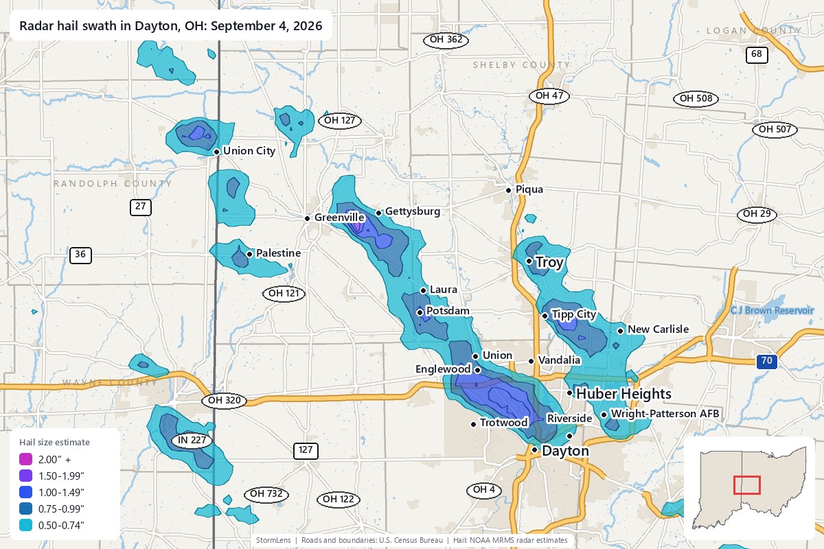 Radar-estimated hail swath in Dayton, OH on September 4, 2026; colors show estimated hail sizes