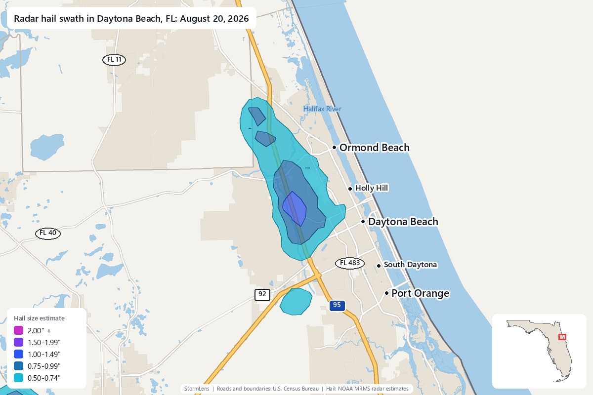 Radar-estimated hail swath in Daytona Beach, FL on August 20, 2026; colors show estimated hail sizes