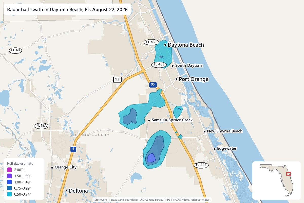 Radar-estimated hail swath in Daytona Beach, FL on August 22, 2026; colors show estimated hail sizes