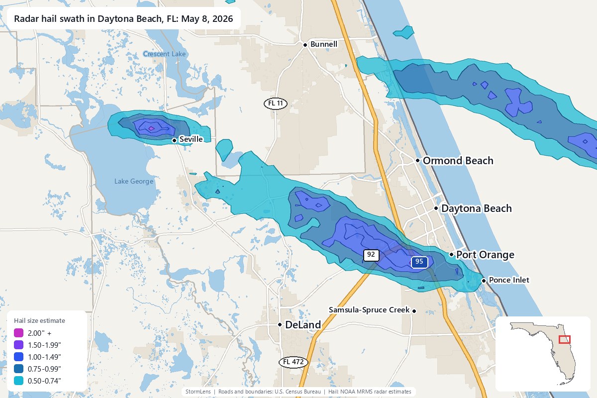 Radar-estimated hail swath in Daytona Beach, FL on May 8, 2026; colors show estimated hail sizes