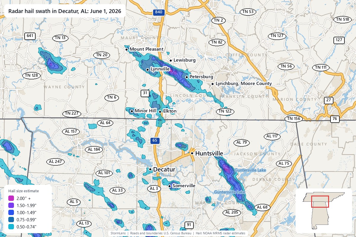 Radar-estimated hail swath in Decatur, AL on June 1, 2026; colors show estimated hail sizes