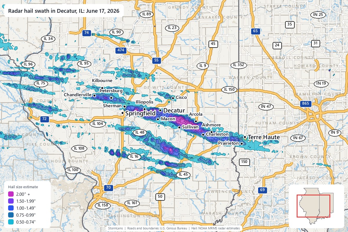 Radar-estimated hail swath in Decatur, IL on June 17, 2026; colors show estimated hail sizes