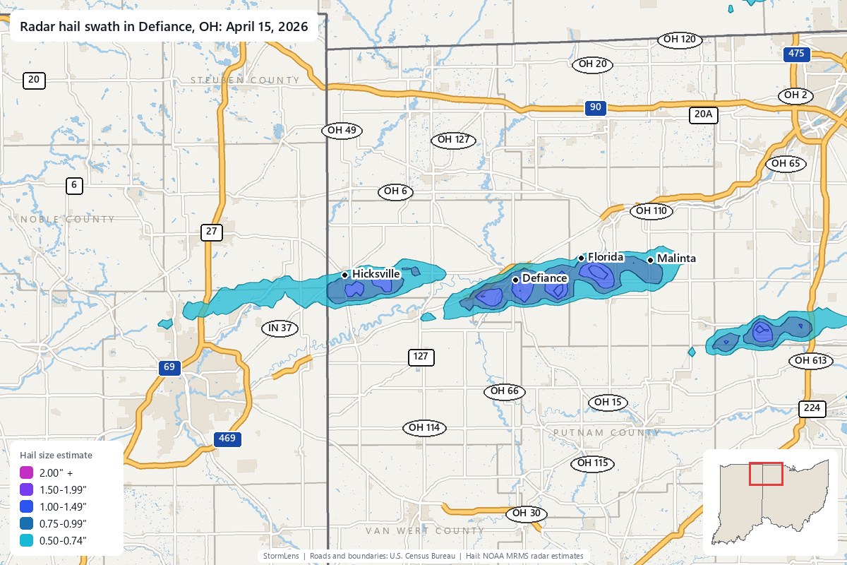 Radar-estimated hail swath in Defiance, OH on April 15, 2026; colors show estimated hail sizes