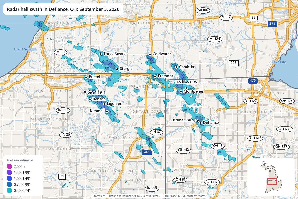 Radar-estimated hail swath in Defiance, OH on September 5, 2026; colors show estimated hail sizes