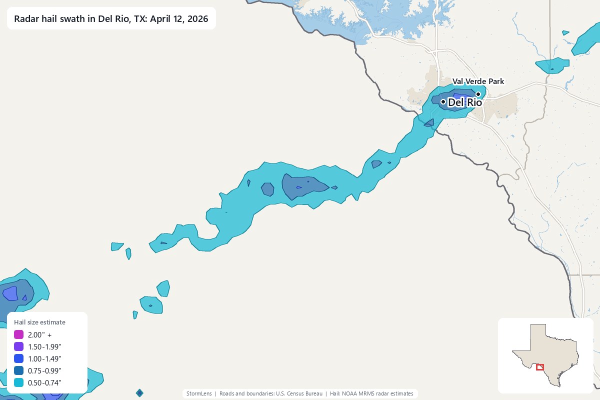 Radar-estimated hail swath in Del Rio, TX on April 12, 2026; colors show estimated hail sizes