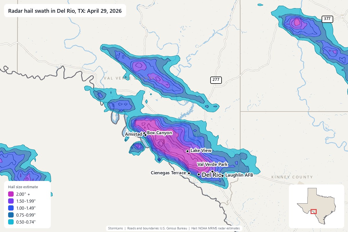 Radar-estimated hail swath in Del Rio, TX on April 29, 2026; colors show estimated hail sizes