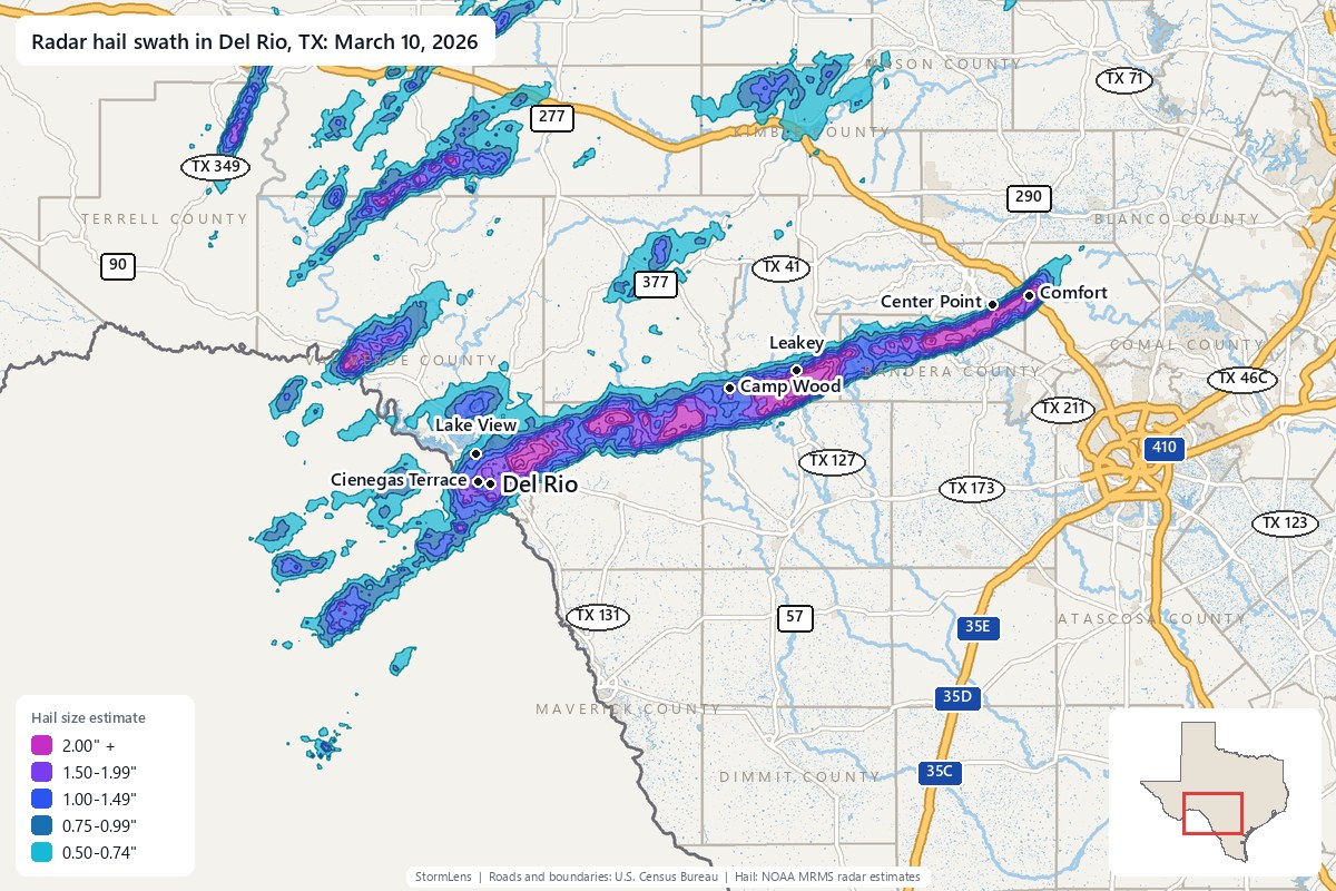 Radar-estimated hail swath in Del Rio, TX on March 10, 2026; colors show estimated hail sizes