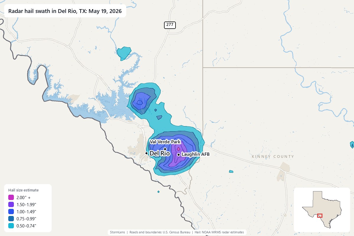Radar-estimated hail swath in Del Rio, TX on May 19, 2026; colors show estimated hail sizes