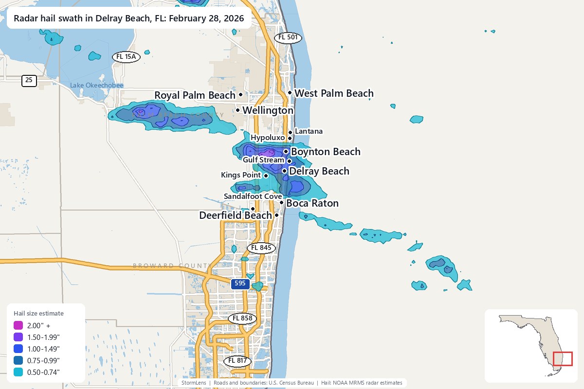 Radar-estimated hail swath in Delray Beach, FL on February 28, 2026; colors show estimated hail sizes
