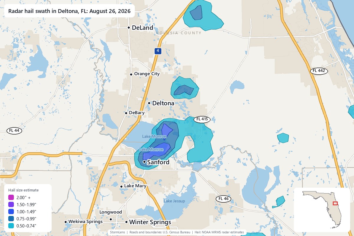 Radar-estimated hail swath in Deltona, FL on August 26, 2026; colors show estimated hail sizes