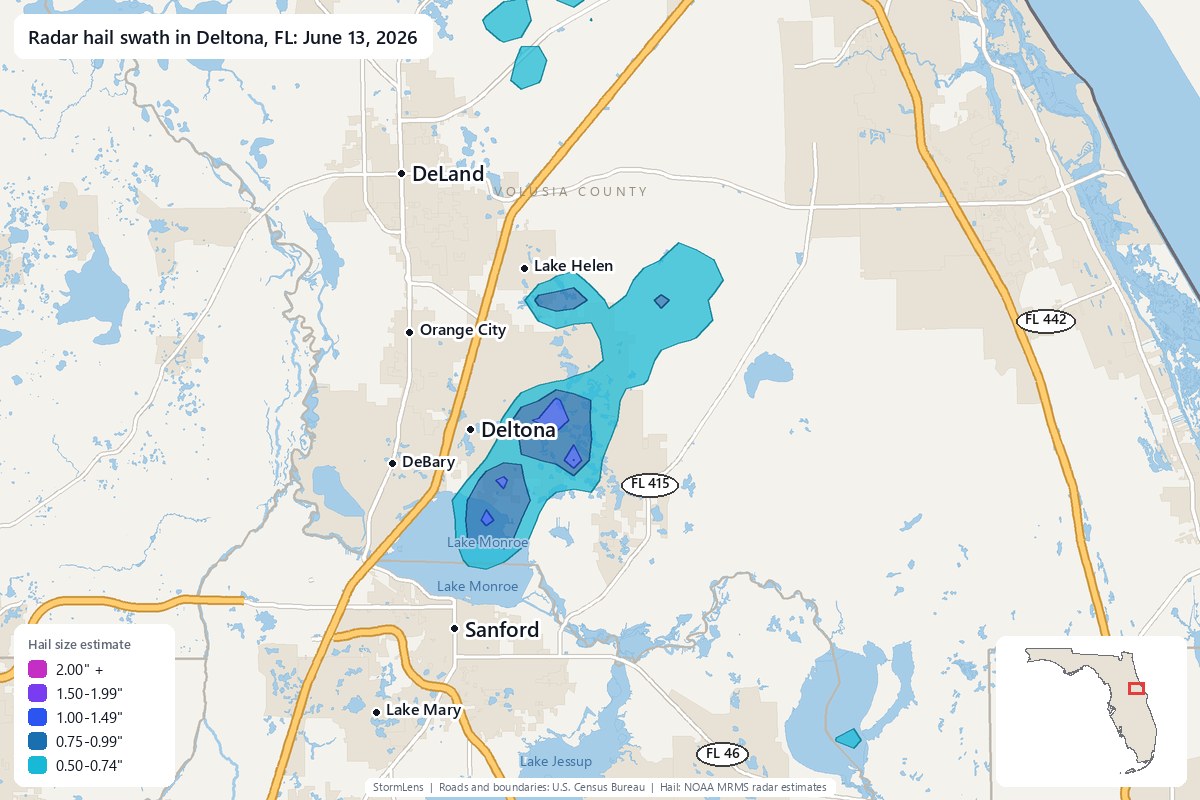 Radar-estimated hail swath in Deltona, FL on June 13, 2026; colors show estimated hail sizes