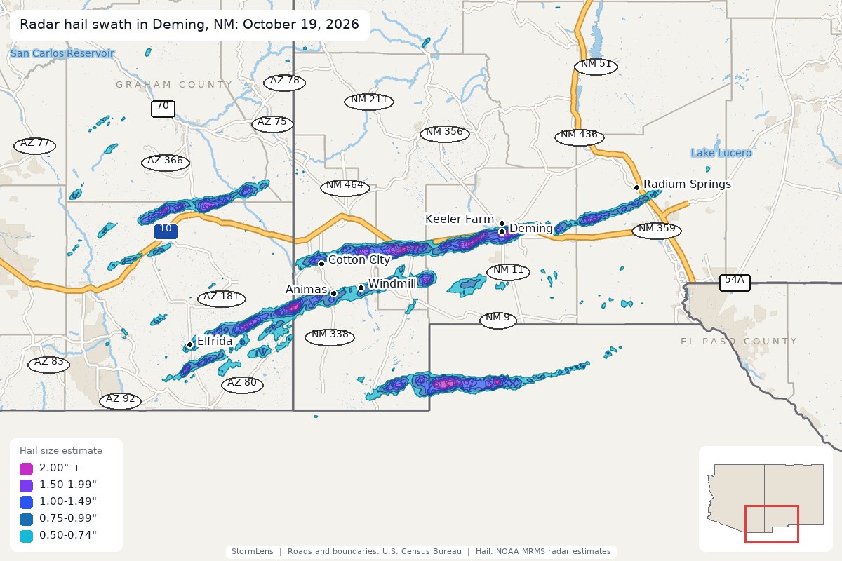 Radar-estimated hail swath in Deming, NM on October 19, 2026; colors show estimated hail sizes