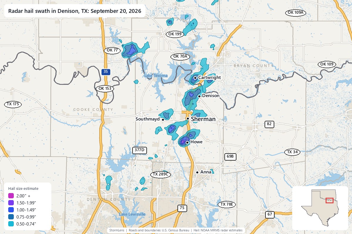 Radar-estimated hail swath in Denison, TX on September 20, 2026; colors show estimated hail sizes