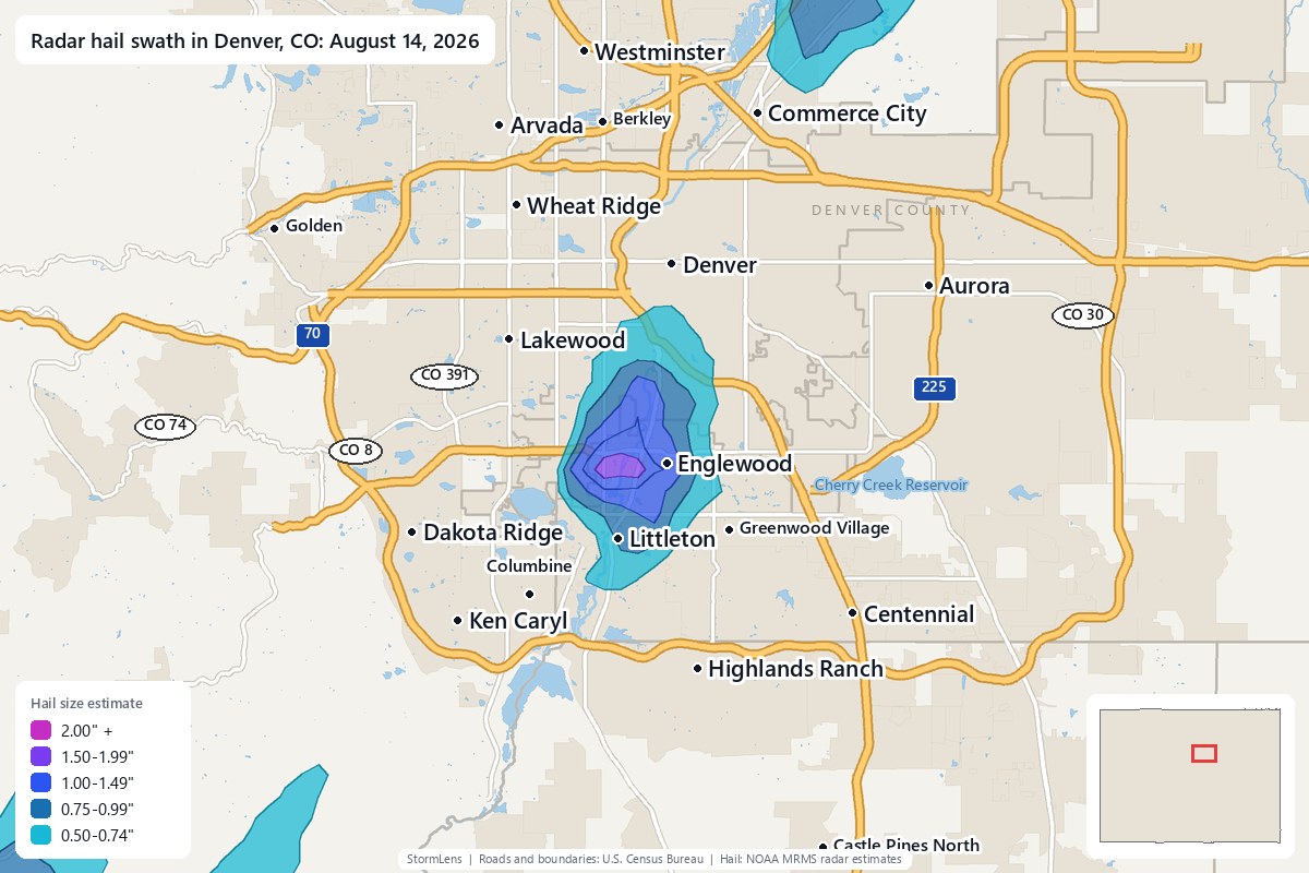 Radar-estimated hail swath in Denver, CO on August 14, 2026; colors show estimated hail sizes