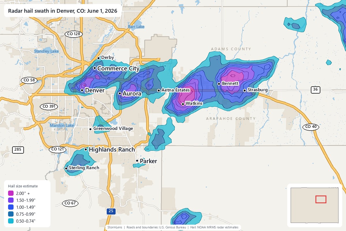 Radar-estimated hail swath in Denver, CO on June 1, 2026; colors show estimated hail sizes