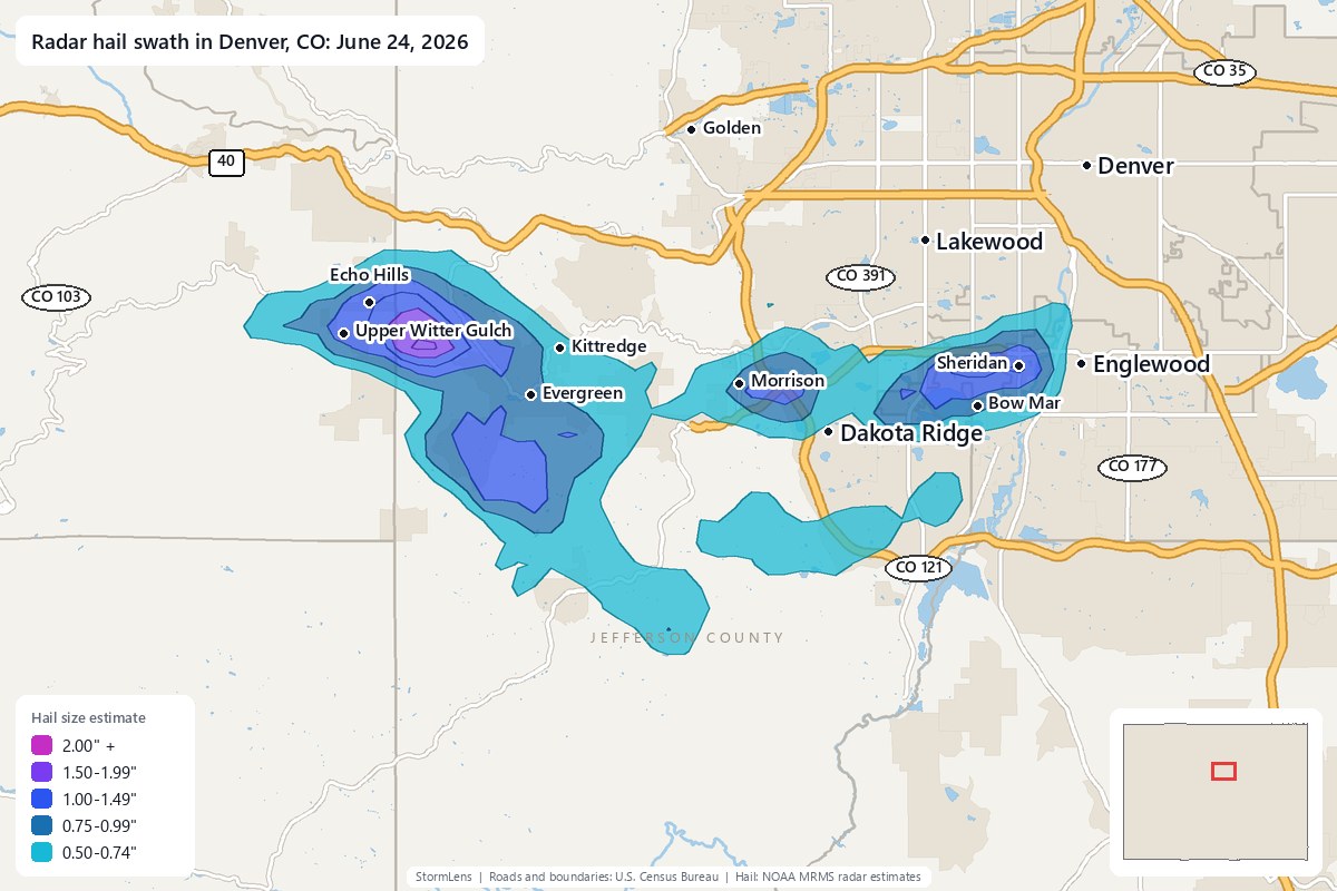 Radar-estimated hail swath in Denver, CO on June 24, 2026; colors show estimated hail sizes