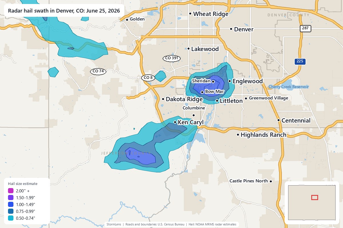 Radar-estimated hail swath in Denver, CO on June 25, 2026; colors show estimated hail sizes