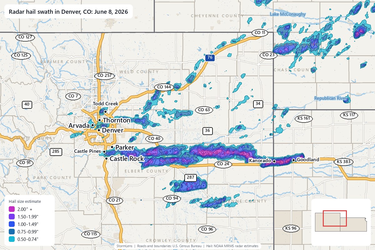 Radar-estimated hail swath in Denver, CO on June 8, 2026; colors show estimated hail sizes