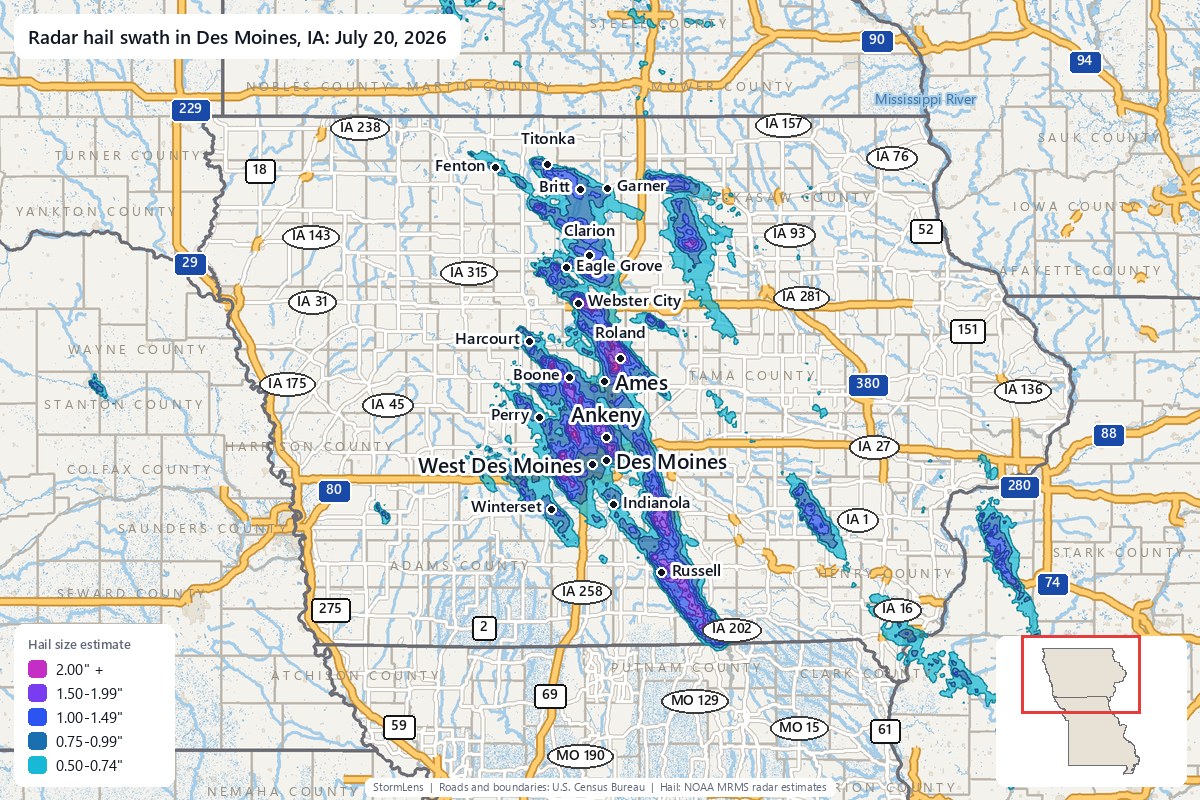 Radar-estimated hail swath in Des Moines, IA on July 20, 2026; colors show estimated hail sizes