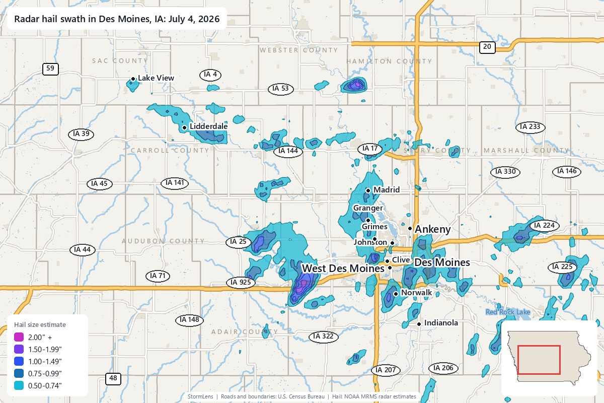 Radar-estimated hail swath in Des Moines, IA on July 4, 2026; colors show estimated hail sizes