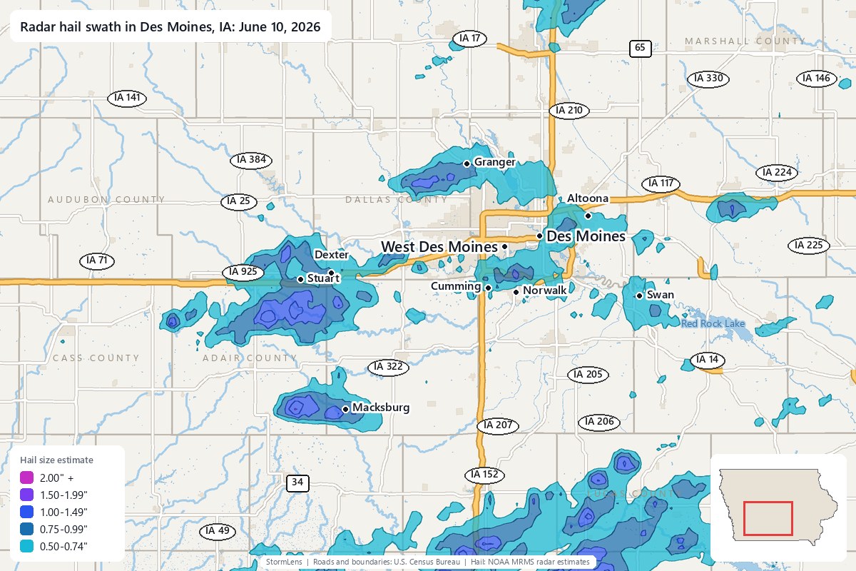 Radar-estimated hail swath in Des Moines, IA on June 10, 2026; colors show estimated hail sizes