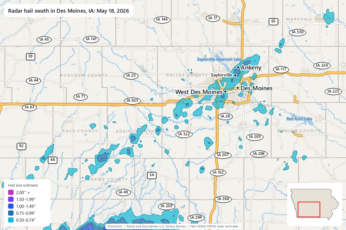 Radar-estimated hail swath in Des Moines, IA on May 18, 2026; colors show estimated hail sizes