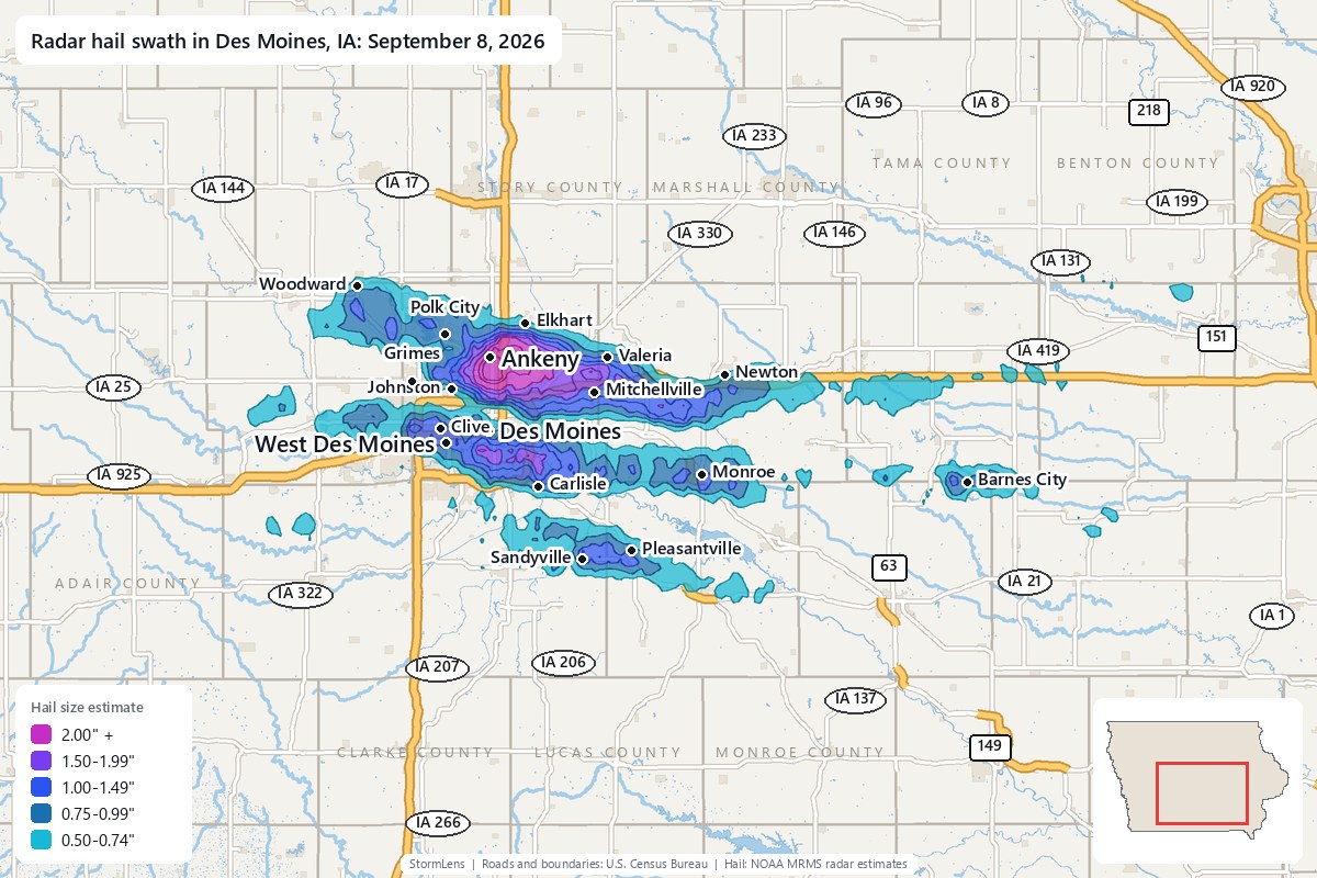 Radar-estimated hail swath in Des Moines, IA on September 8, 2026; colors show estimated hail sizes