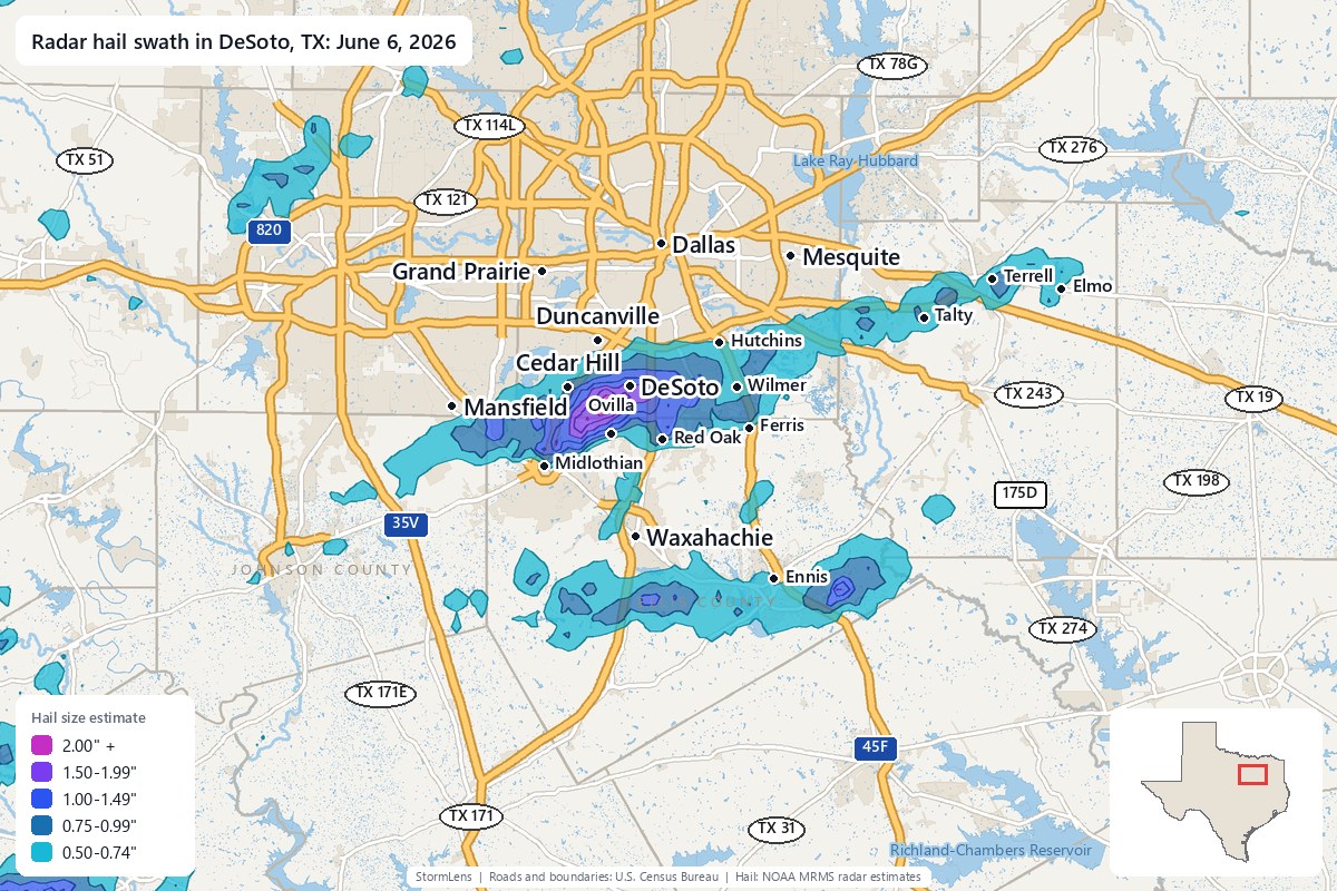 Radar-estimated hail swath in DeSoto, TX on June 6, 2026; colors show estimated hail sizes
