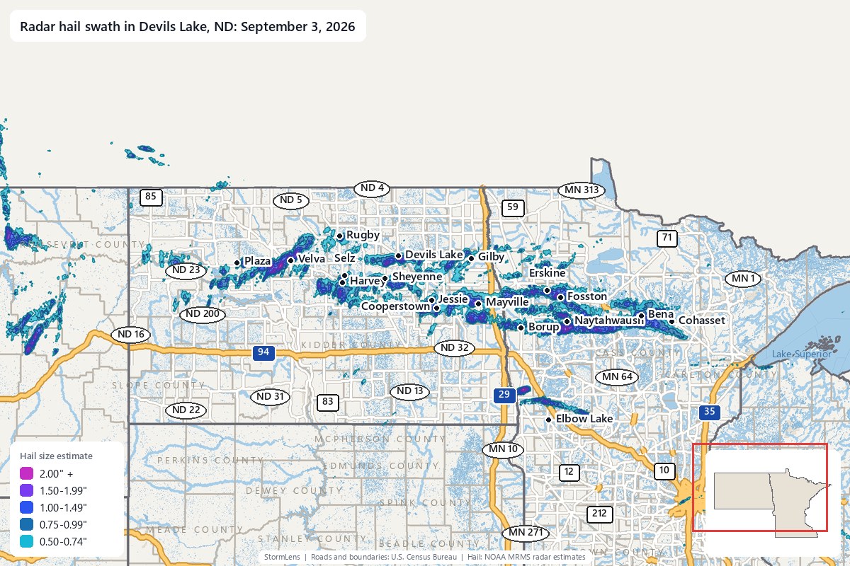 Radar-estimated hail swath in Devils Lake, ND on September 3, 2026; colors show estimated hail sizes