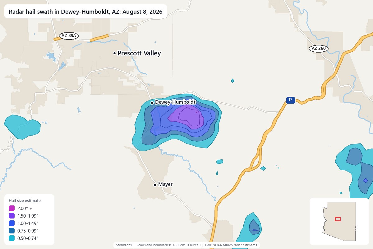 Radar-estimated hail swath in Dewey-Humboldt, AZ on August 8, 2026; colors show estimated hail sizes