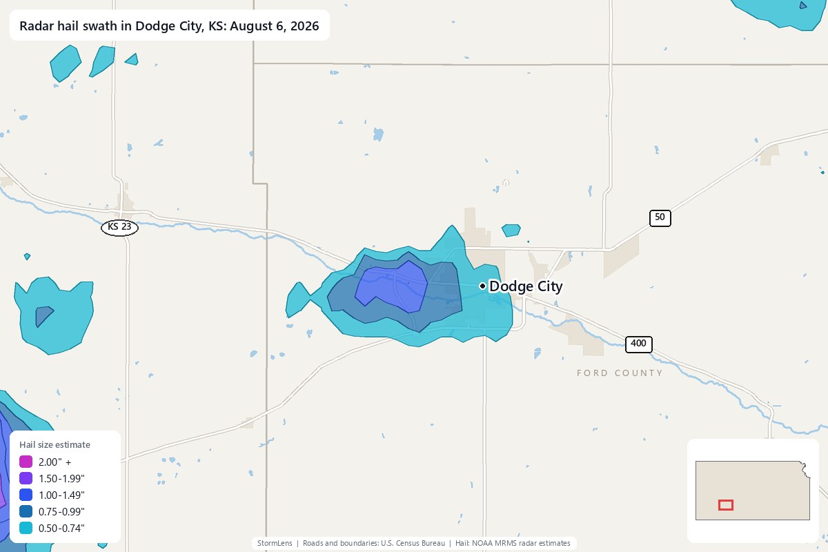Radar-estimated hail swath in Dodge City, KS on August 6, 2026; colors show estimated hail sizes