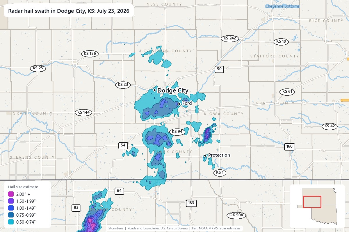 Radar-estimated hail swath in Dodge City, KS on July 23, 2026; colors show estimated hail sizes