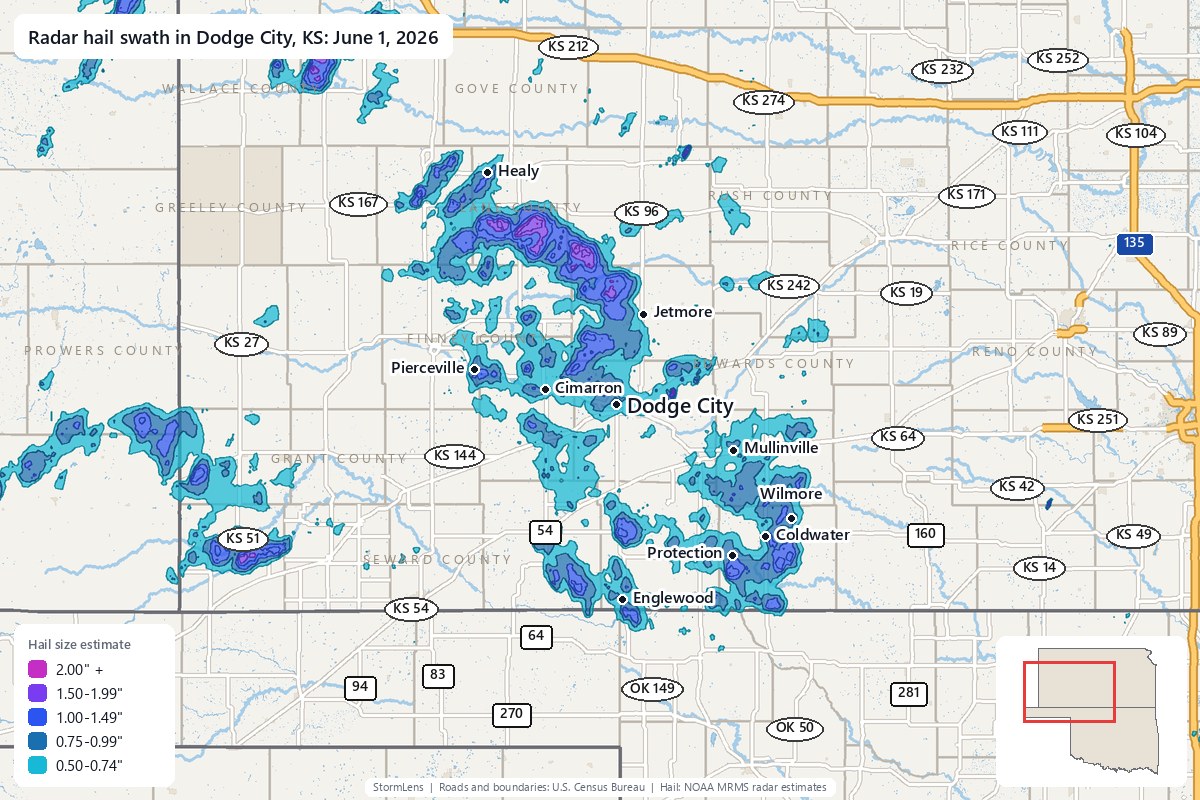 Radar-estimated hail swath in Dodge City, KS on June 1, 2026; colors show estimated hail sizes