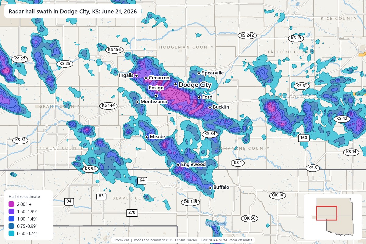 Radar-estimated hail swath in Dodge City, KS on June 21, 2026; colors show estimated hail sizes