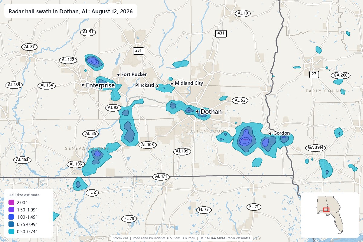 Radar-estimated hail swath in Dothan, AL on August 12, 2026; colors show estimated hail sizes