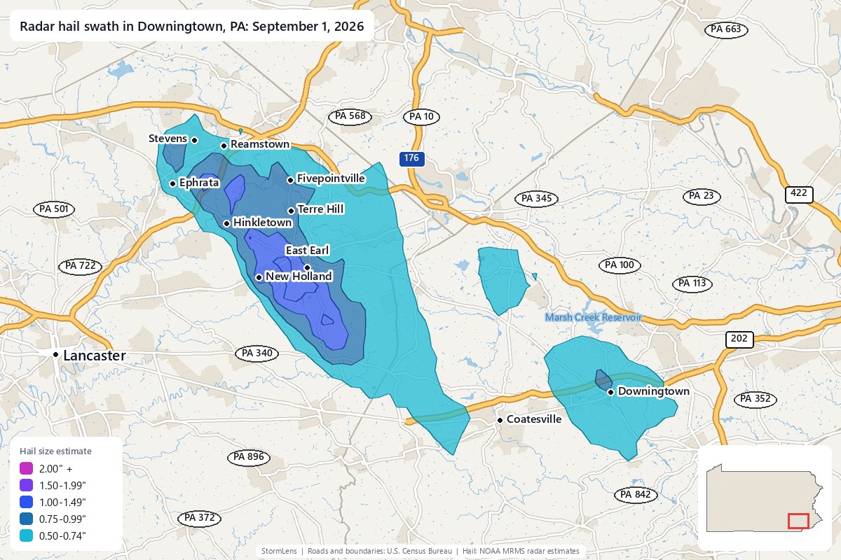 Radar-estimated hail swath in Downingtown, PA on September 1, 2026; colors show estimated hail sizes