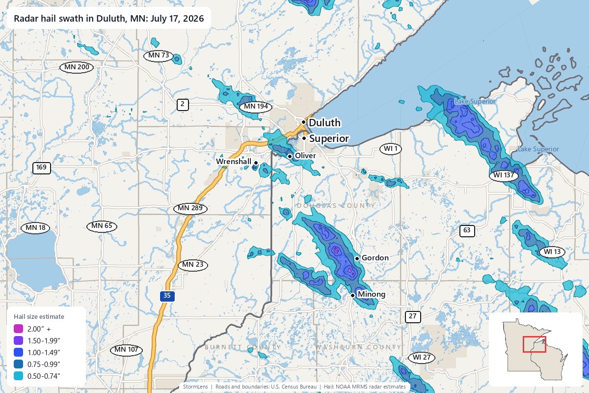 Radar-estimated hail swath in Duluth, MN on July 17, 2026; colors show estimated hail sizes