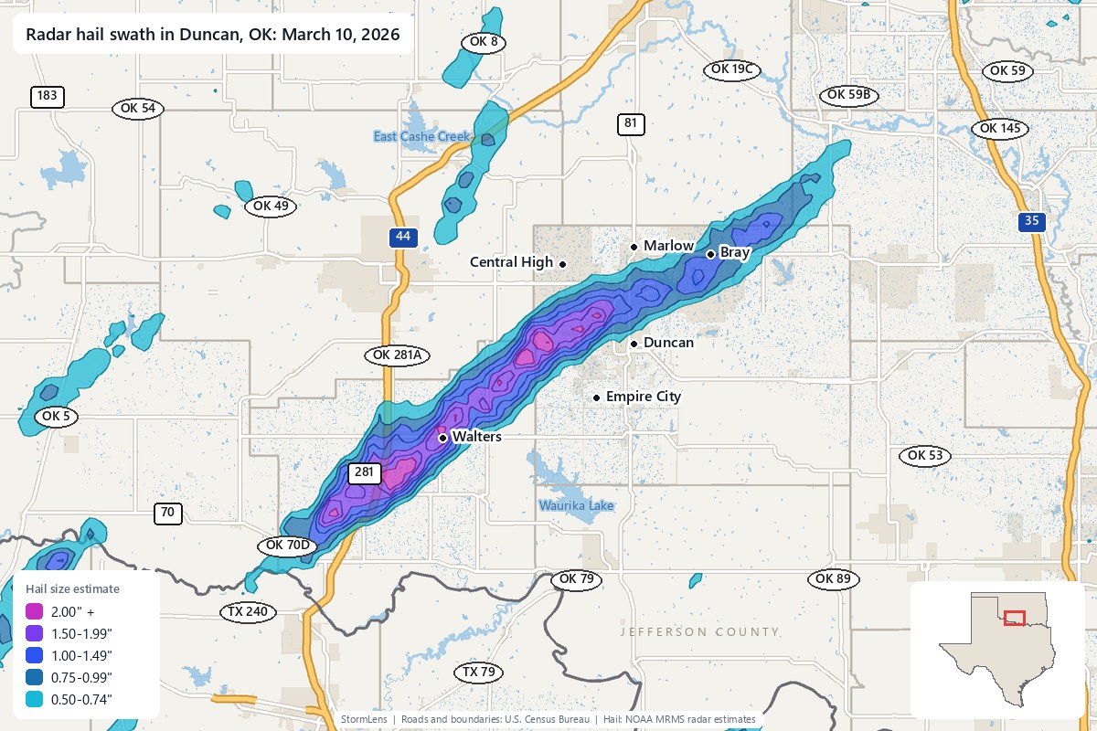 Radar-estimated hail swath in Duncan, OK on March 10, 2026; colors show estimated hail sizes