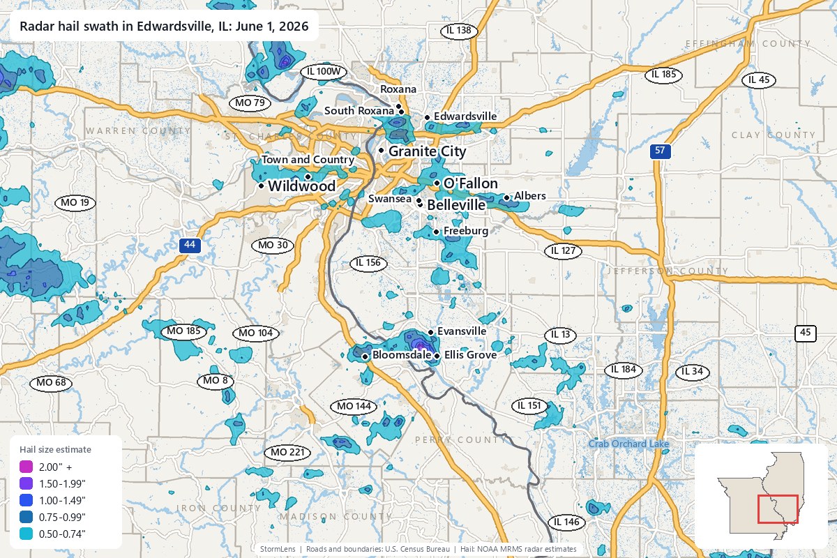 Radar-estimated hail swath in Edwardsville, IL on June 1, 2026; colors show estimated hail sizes
