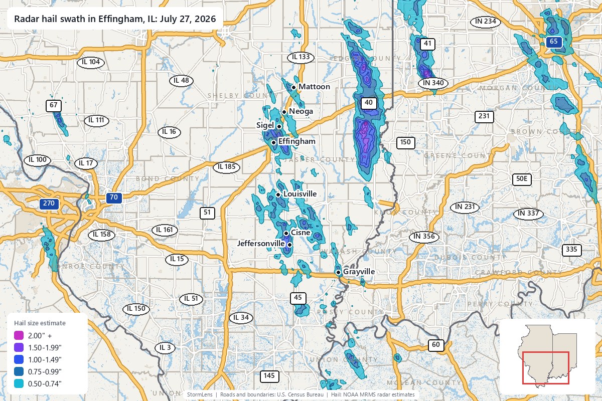 Radar-estimated hail swath in Effingham, IL on July 27, 2026; colors show estimated hail sizes
