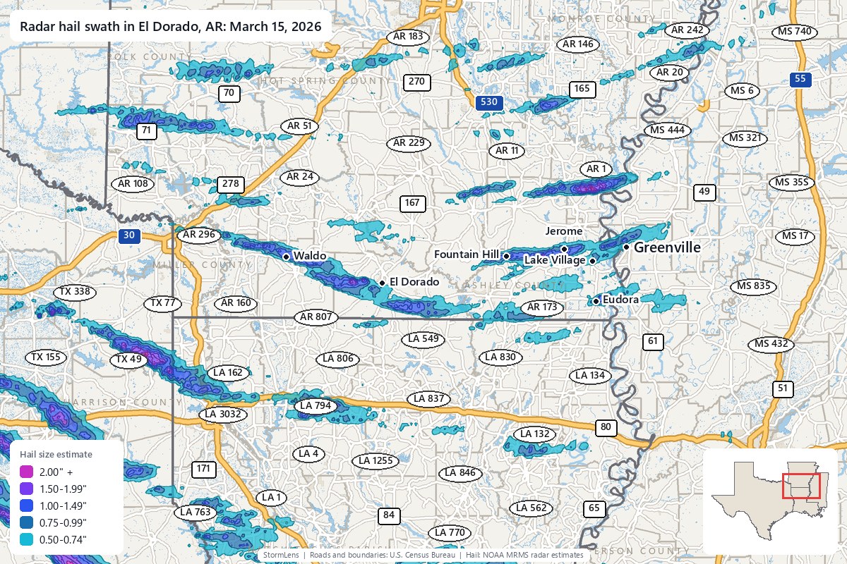 Radar-estimated hail swath in El Dorado, AR on March 15, 2026; colors show estimated hail sizes