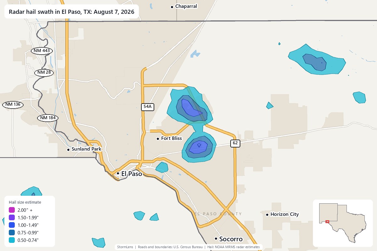 Radar-estimated hail swath in El Paso, TX on August 7, 2026; colors show estimated hail sizes