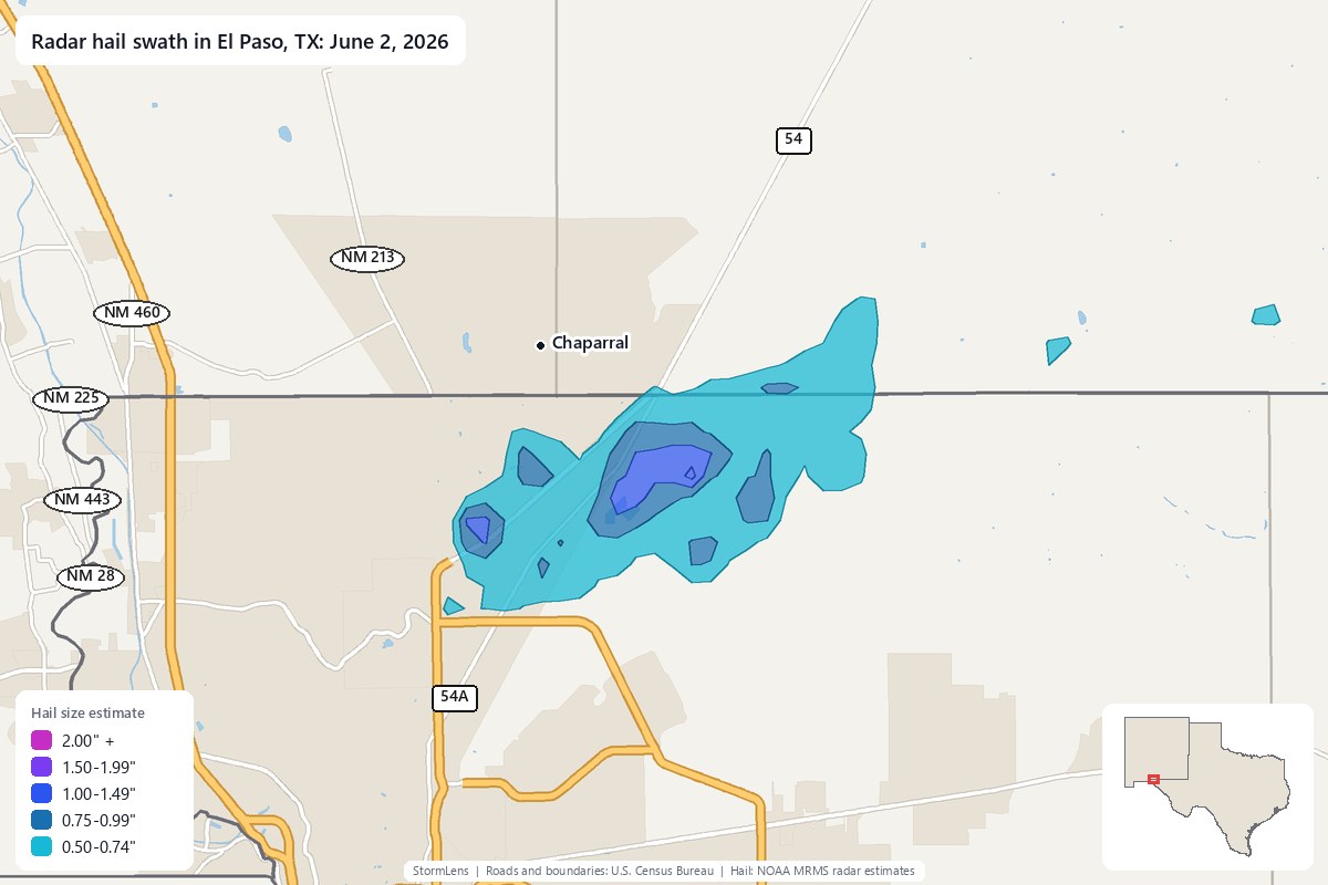 Radar-estimated hail swath in El Paso, TX on June 2, 2026; colors show estimated hail sizes