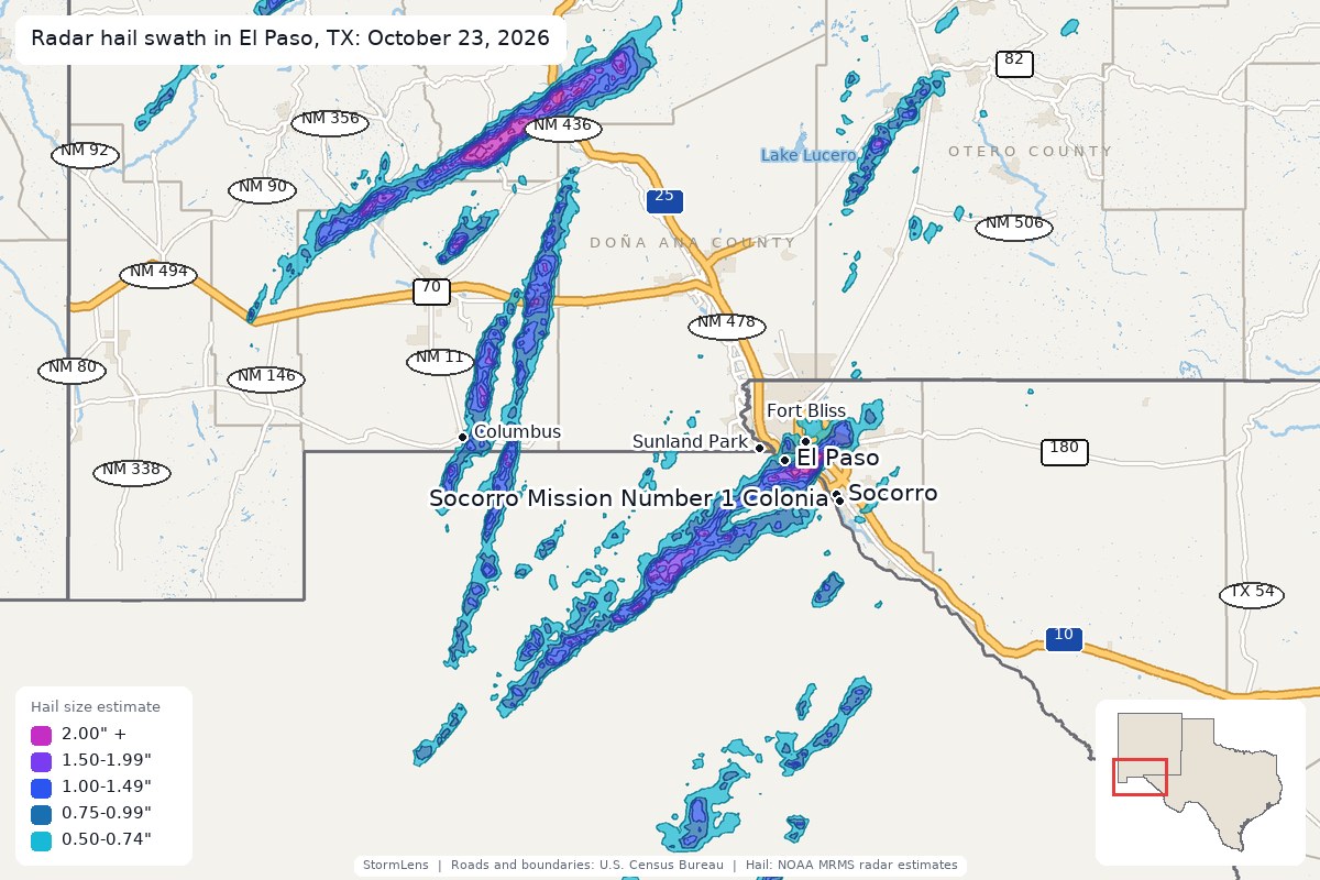 Radar-estimated hail swath in El Paso, TX on October 23, 2026; colors show estimated hail sizes