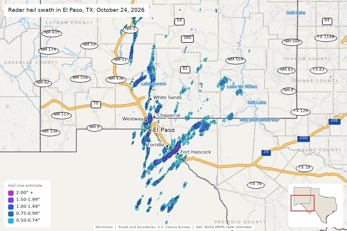 Radar-estimated hail swath in El Paso, TX on October 24, 2026; colors show estimated hail sizes