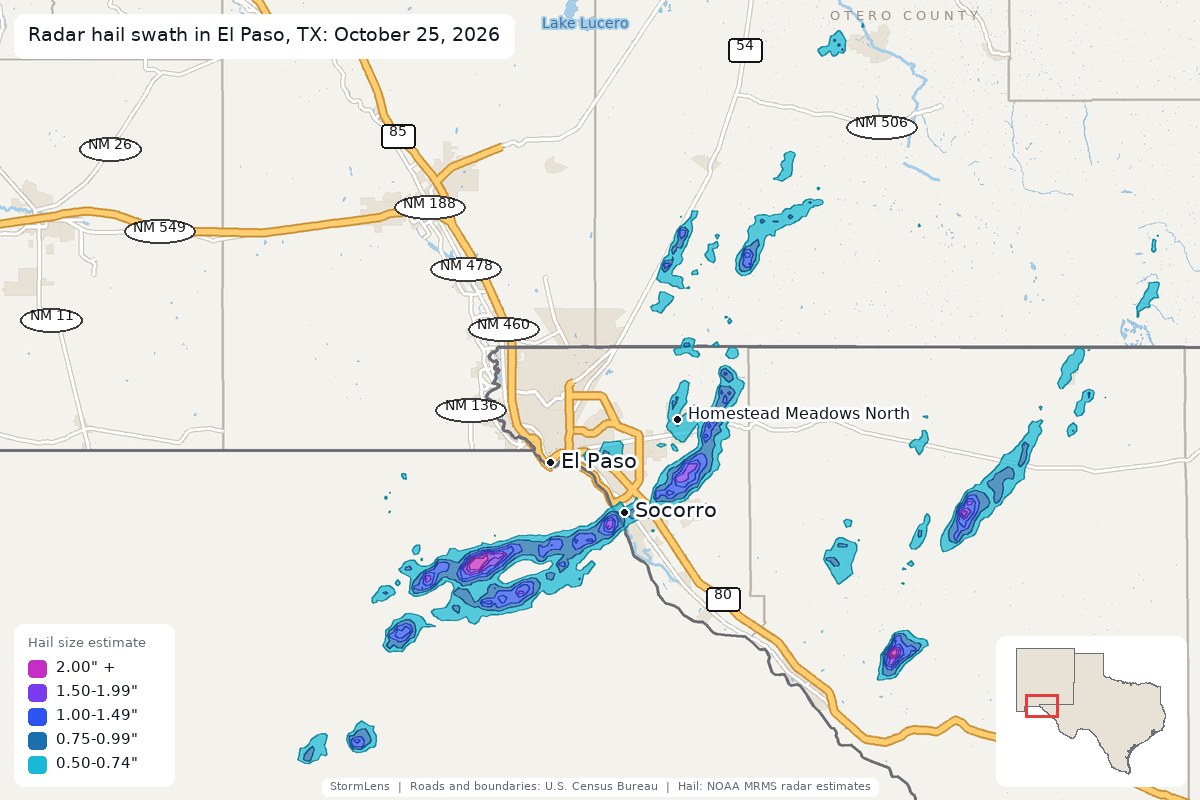 Radar-estimated hail swath in El Paso, TX on October 25, 2026; colors show estimated hail sizes