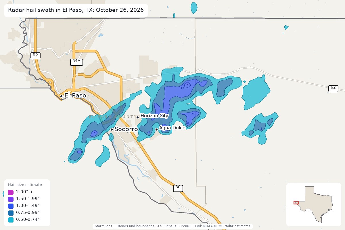 Radar-estimated hail swath in El Paso, TX on October 26, 2026; colors show estimated hail sizes