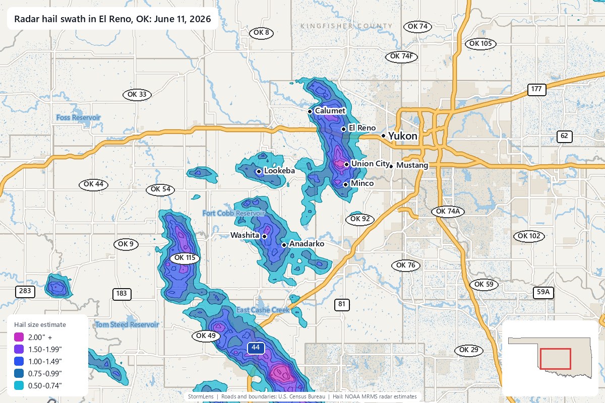 Radar-estimated hail swath in El Reno, OK on June 11, 2026; colors show estimated hail sizes