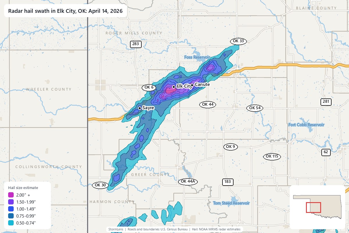 Radar-estimated hail swath in Elk City, OK on April 14, 2026; colors show estimated hail sizes