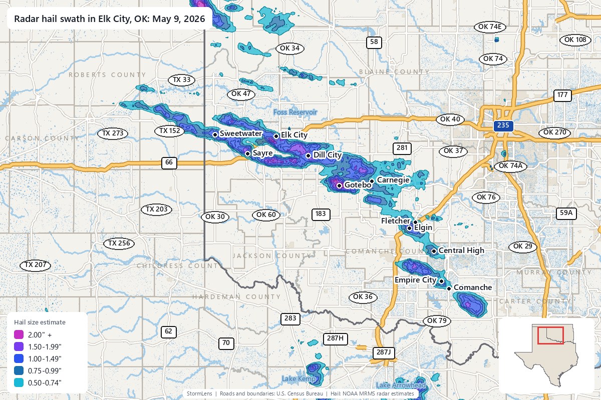 Radar-estimated hail swath in Elk City, OK on May 9, 2026; colors show estimated hail sizes